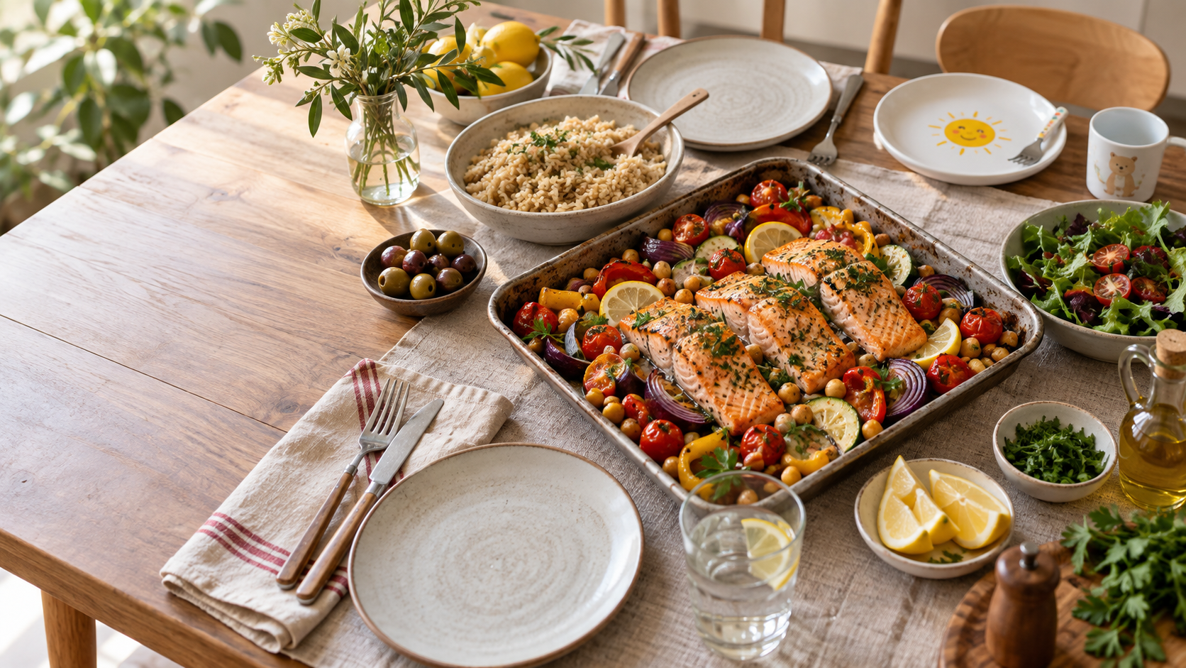 Mesa familiar con salmón, arroz, garbanzos y verduras